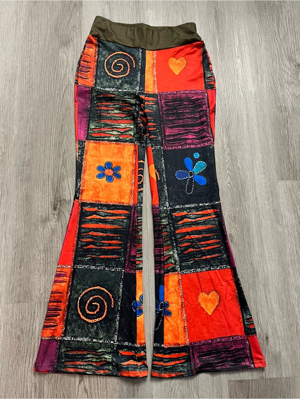 🔥327–Colorblock Patchwork Flared Pants — Orange, Black, Blue Accents